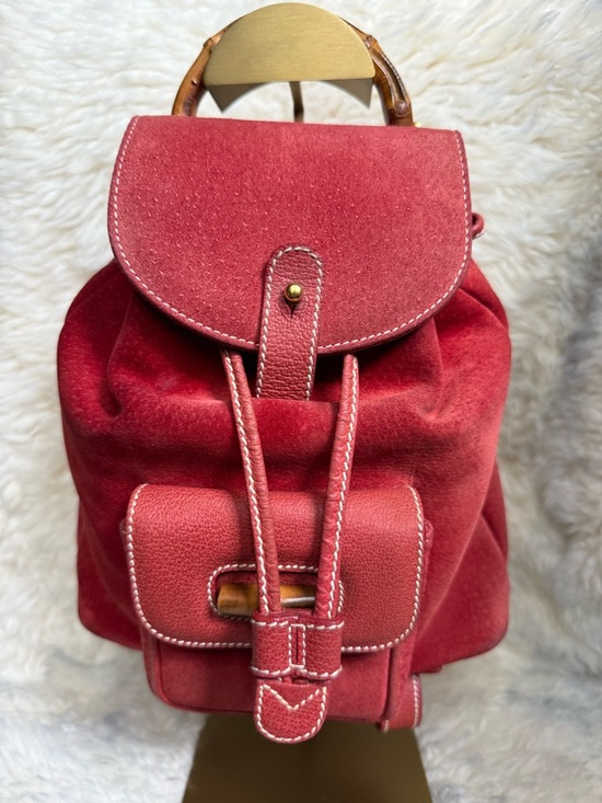 Gucci Handbags - Gucci Red Suede Backpack with Bamboo Top Handle - Authentic